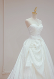 Niulatu A Line Strapless White Satin Pleated Long Wedding Dresses HZ1110