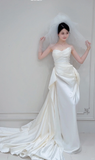 Niulatu A Line Strapless White Satin Pleated With Veil Long Wedding Dresses HZ1110