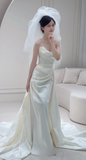 Niulatu A Line Strapless White Satin Pleated With Veil Long Wedding Dresses HZ1110