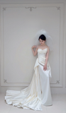 Niulatu A Line Strapless White Satin Pleated With Veil Long Wedding Dresses HZ1110