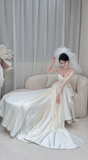 Niulatu A Line Strapless White Satin Pleated With Veil Long Wedding Dresses HZ1110