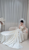 Niulatu A Line Strapless White Satin Pleated With Veil Long Wedding Dresses HZ1110
