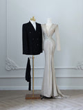 Niulatu Mermaid V Neckline Silver Sequin Long Sleeves Prom Dresses Slit Evening Gowns S3830