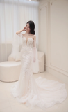 Niulatu Mermaid Strapless Tulle Applique Long Sleeves Long Wedding Dresses HZ1110
