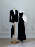 Niulatu A line Off The Shoulder Short Sleeves Prom Dresses Black Evening Gowns S3831