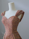 Niulatu A line Straps Rose Pink Sequin Long Prom Dresses Evening Gowns S3832