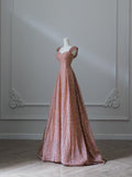 Niulatu A line Straps Rose Pink Sequin Long Prom Dresses Evening Gowns S3832