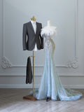 Niulatu Mermaid Strapless Blue Sequin Long Prom Dresses Evening Gowns S3833