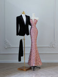 Niulatu Mermaid Strapless Pink Sequin Long Prom Dresses Evening Gowns S3834