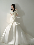 Niulatu Mermaid Off The Shoulder Satin Pleated Long Wedding Dresses HZ1110