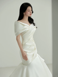 Niulatu Mermaid Off The Shoulder Satin Pleated Long Wedding Dresses HZ1110