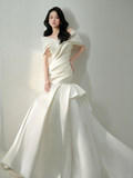 Niulatu Mermaid Off The Shoulder Satin Pleated Long Wedding Dresses HZ1110