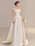 Niulatu Simple A Line Strapless Ivory Satin Slit Long Wedding Dresses HZ1110