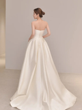 Niulatu Simple A Line Strapless Ivory Satin Slit Long Wedding Dresses HZ1110