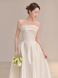 Niulatu Simple A Line Strapless Ivory Satin Slit Long Wedding Dresses HZ1110