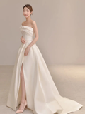 Niulatu Simple A Line Strapless Ivory Satin Slit Long Wedding Dresses HZ1110