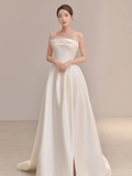 Niulatu Simple A Line Strapless Ivory Satin Slit Long Wedding Dresses HZ1110