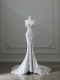 Niulatu Mermaid Strapless White Lace Long Wedding Dresses Brides Dress S3838