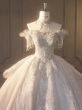 Niulatu Ball Gown Off The Shoulder Tulle Sequin Beaded Long Wedding Dresses HZ1110