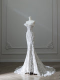 Niulatu Mermaid Strapless White Lace Long Wedding Dresses Brides Dress S3838