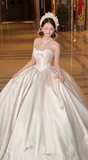 Niulatu Ball Gown Strapless Satin Applique Long Wedding Dresses HZ1110