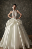 Niulatu Ball Gown Halter Ivory Satin Applique Long Wedding Dresses HZ1110