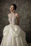 Niulatu Ball Gown Halter Ivory Satin Applique Long Wedding Dresses HZ1110