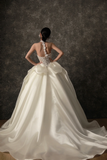Niulatu Ball Gown Halter Ivory Satin Applique Long Wedding Dresses HZ1110