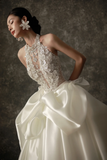 Niulatu Ball Gown Halter Ivory Satin Applique Long Wedding Dresses HZ1110