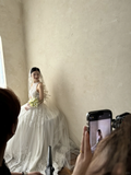 Niulatu Ball Gown Halter White Tulle Lace With Veil Gloves Long Wedding Dresses HZ1110
