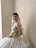 Niulatu Ball Gown Halter White Tulle Lace With Veil Gloves Long Wedding Dresses HZ1110