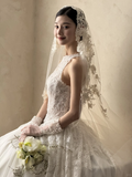 Niulatu Ball Gown Halter White Tulle Lace With Veil Gloves Long Wedding Dresses HZ1110