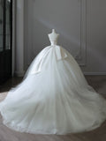 Niulatu Ball Gown Strapless Satin White Long Wedding Dresses Brides Dress S3842