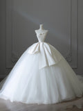 Niulatu Ball Gown Strapless Satin White Long Wedding Dresses Brides Dress S3842