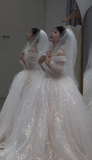 Niulatu Ball Gown Off The Shoulder White Tulle Sequin With Veil Long Wedding Dresses HZ1110