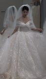 Niulatu Ball Gown Off The Shoulder White Tulle Sequin With Veil Long Wedding Dresses HZ1110
