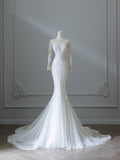 Niulatu Mermaid Scoop Neckline Long Sleeves Wedding Dresses White Brides Dress S3844