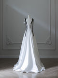 Niulatu A Line Straps White Satin Long Prom Dresses Evening Gowns S3845