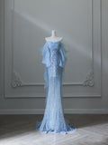 Niulatu Mermaid Off The Shoulder Blue Sequin Long Prom Dresses Evening Gowns S3847