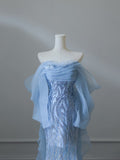 Niulatu Mermaid Off The Shoulder Blue Sequin Long Prom Dresses Evening Gowns S3847