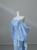 Niulatu Mermaid Off The Shoulder Blue Sequin Long Prom Dresses Evening Gowns S3847