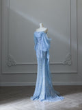 Niulatu Mermaid Off The Shoulder Blue Sequin Long Prom Dresses Evening Gowns S3847