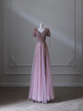 Niulatu A line V Neckline Pink Sequin Long Prom Dresses Evening Gowns S3849