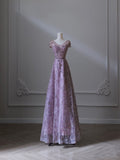 Niulatu A line V Neckline Lilac Sequin Long Prom Dresses Evening Gowns S3850