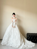 Niulatu Ball Gown Strapless White Lace With Gloves Long Wedding Dresses HZ1110