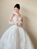 Niulatu Ball Gown Strapless White Lace With Gloves Long Wedding Dresses HZ1110