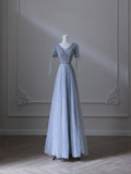 Niulatu A line V Neckline Blue Sequin Long Prom Dresses Evening Gowns S3851