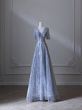 Niulatu A line V Neckline Blue Sequin Long Prom Dresses Evening Gowns S3852