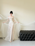 Niulatu A Line Off The Shoulder Tulle Applique Slit Long Sleeves Long Wedding Dresses HZ1110