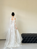 Niulatu A Line Off The Shoulder Tulle Applique Slit Long Sleeves Long Wedding Dresses HZ1110